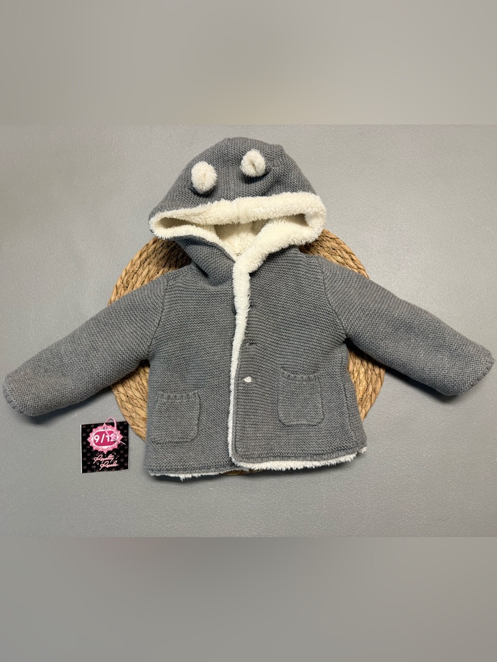 Carter's Gray Knit Hooded Jacket with Cream Sherpa Trim